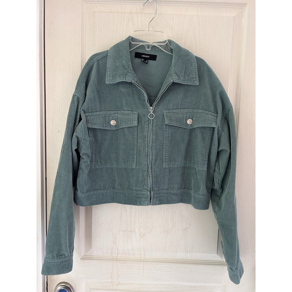 Forever 21 Teal Green Corduroy Jacket Womens Medium Cropped Zip Up Utility Boho - Picture 2 of 11